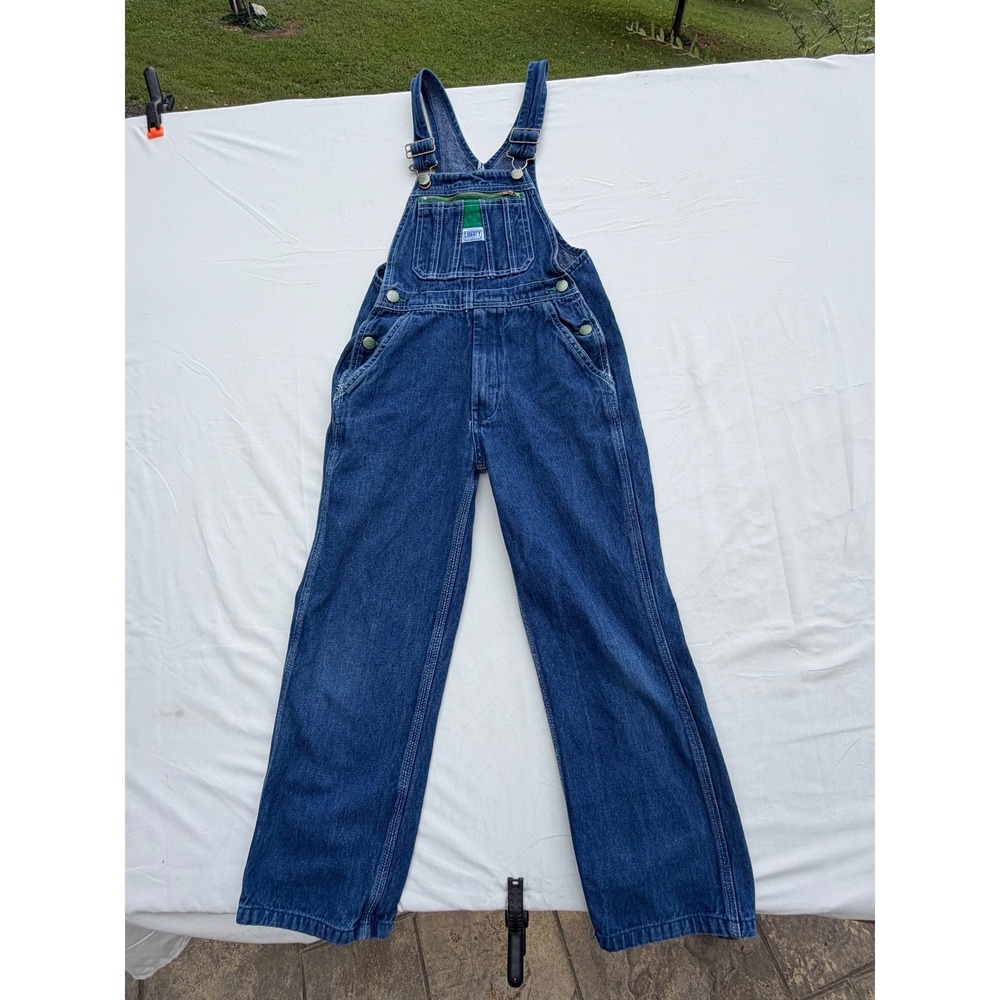 Liberty Overalls Youth Size 10 Denim Bibs Dark Wash Green Accents 11906DB9